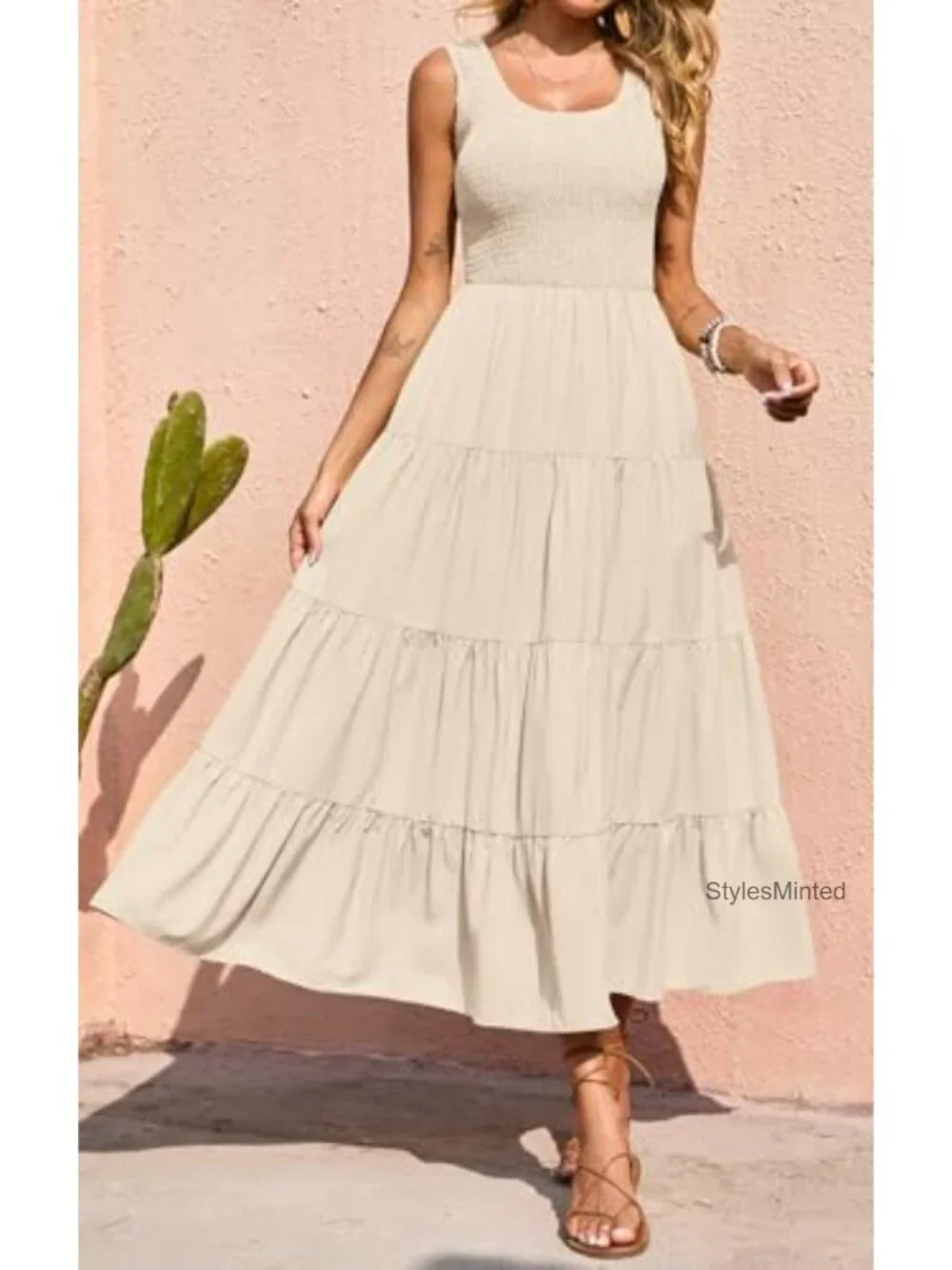 PRETTYGARDEN Sleeveless Smocked Maxi Sundress with Pockets, Tiered Flowy Long